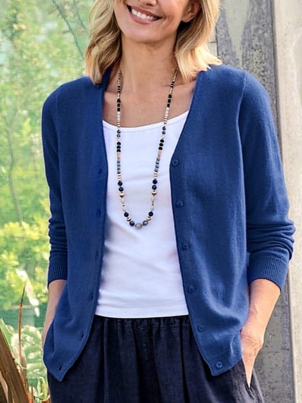 WoolOvers Cashmere Merino V Neck Cardigan L Twilight Blue Classic Preppy